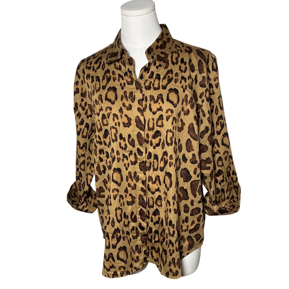 Chaps Leopard Print Cotton Button Down Shirt Tan Brown Animal Print XL